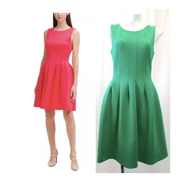 NWOT CALVIN KLEIN Green Pleated Scuba Fit & Flare Dress - 6 - Picture 1 of 8